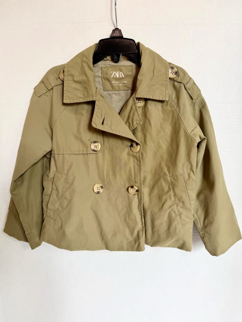 Zara Olive Green Short Double-Breasted Trench Coat Like New 3-4y